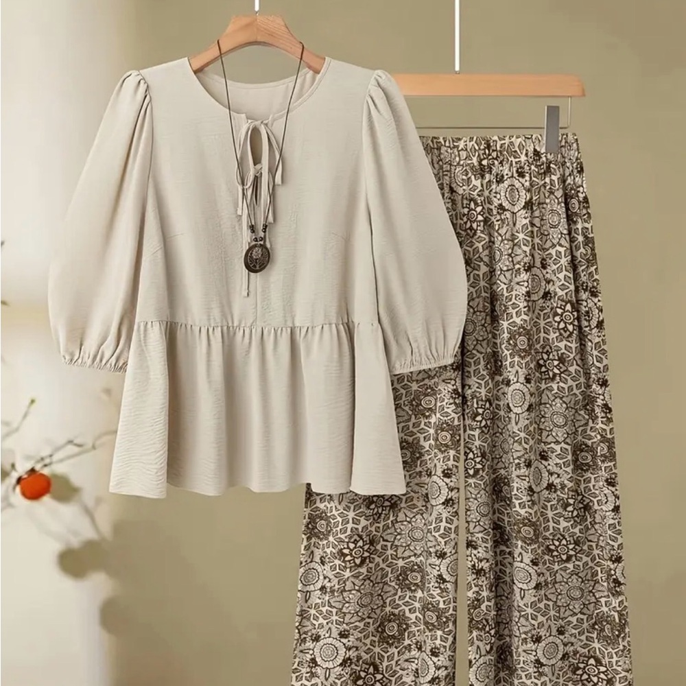 Cream Blouse and Patterned Pants Set